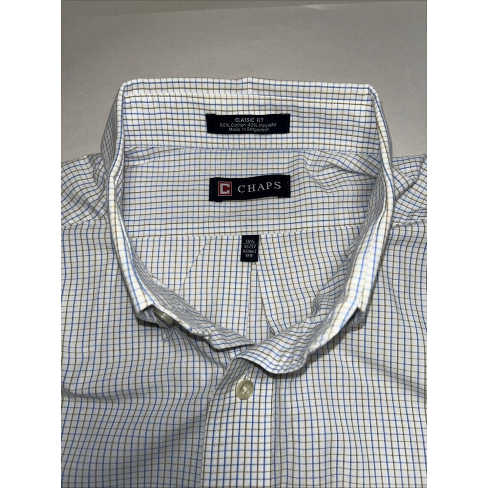 Chaps 16.5 36/37 Classic Fit Blue & Yellow Checked Button Down Long Sleeved